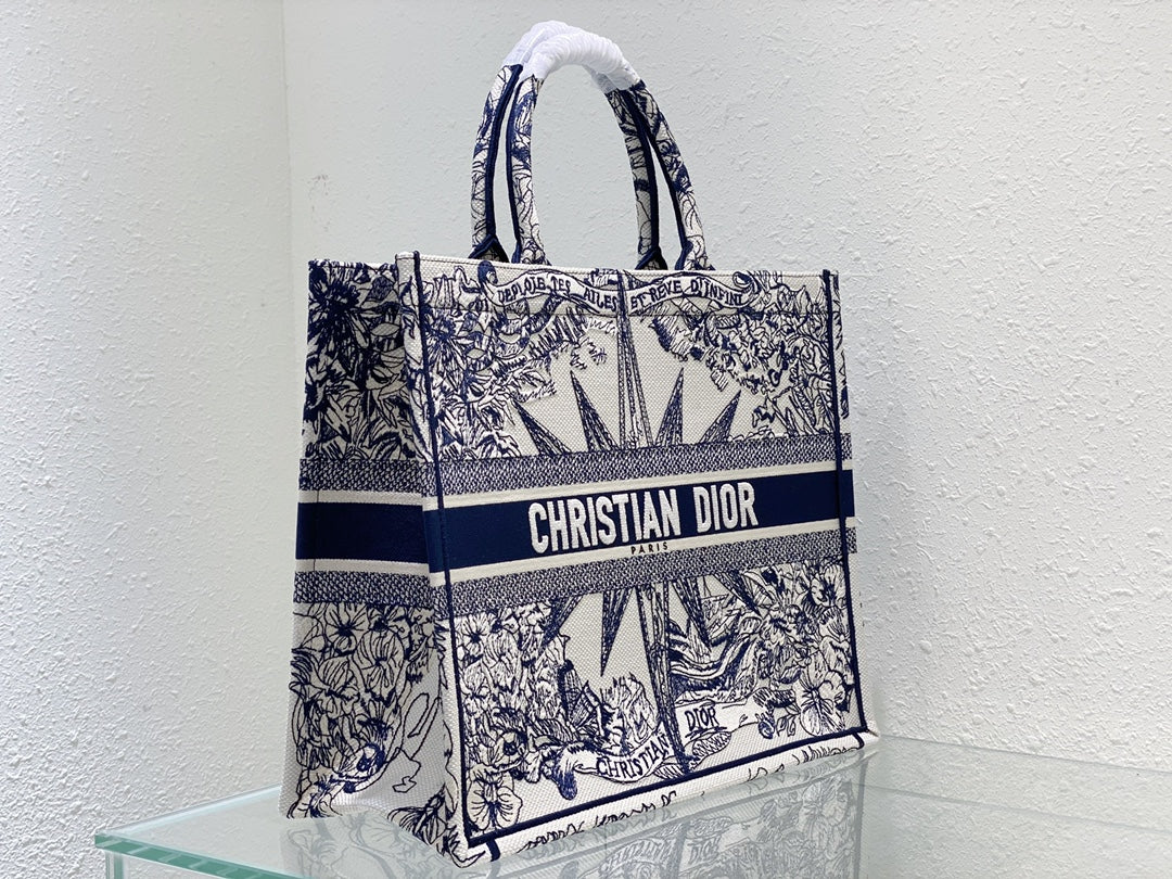 Dior Blue and White Toile Print Canvas Tote Handbag with Compass Star