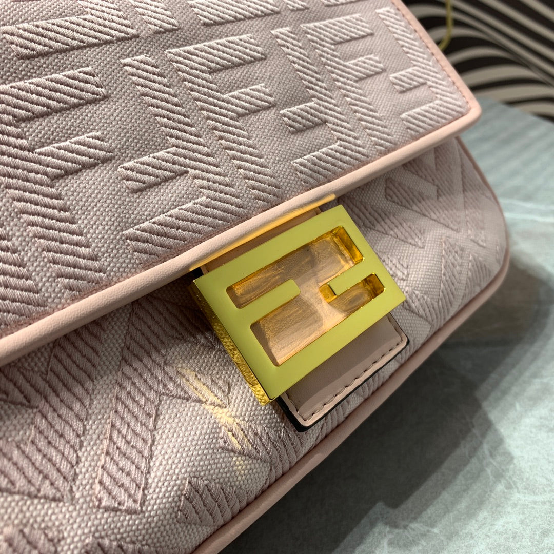 Fendi Baguette Pink FF Monogram Handbag with Detachable Wide Logo Strap