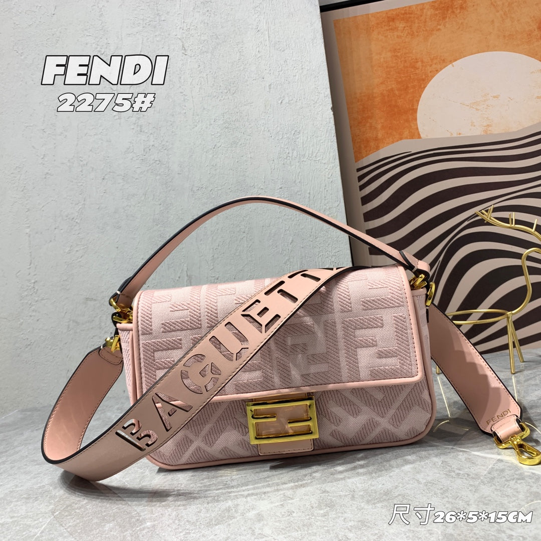 Fendi Baguette Pink FF Monogram Handbag with Detachable Wide Logo Strap