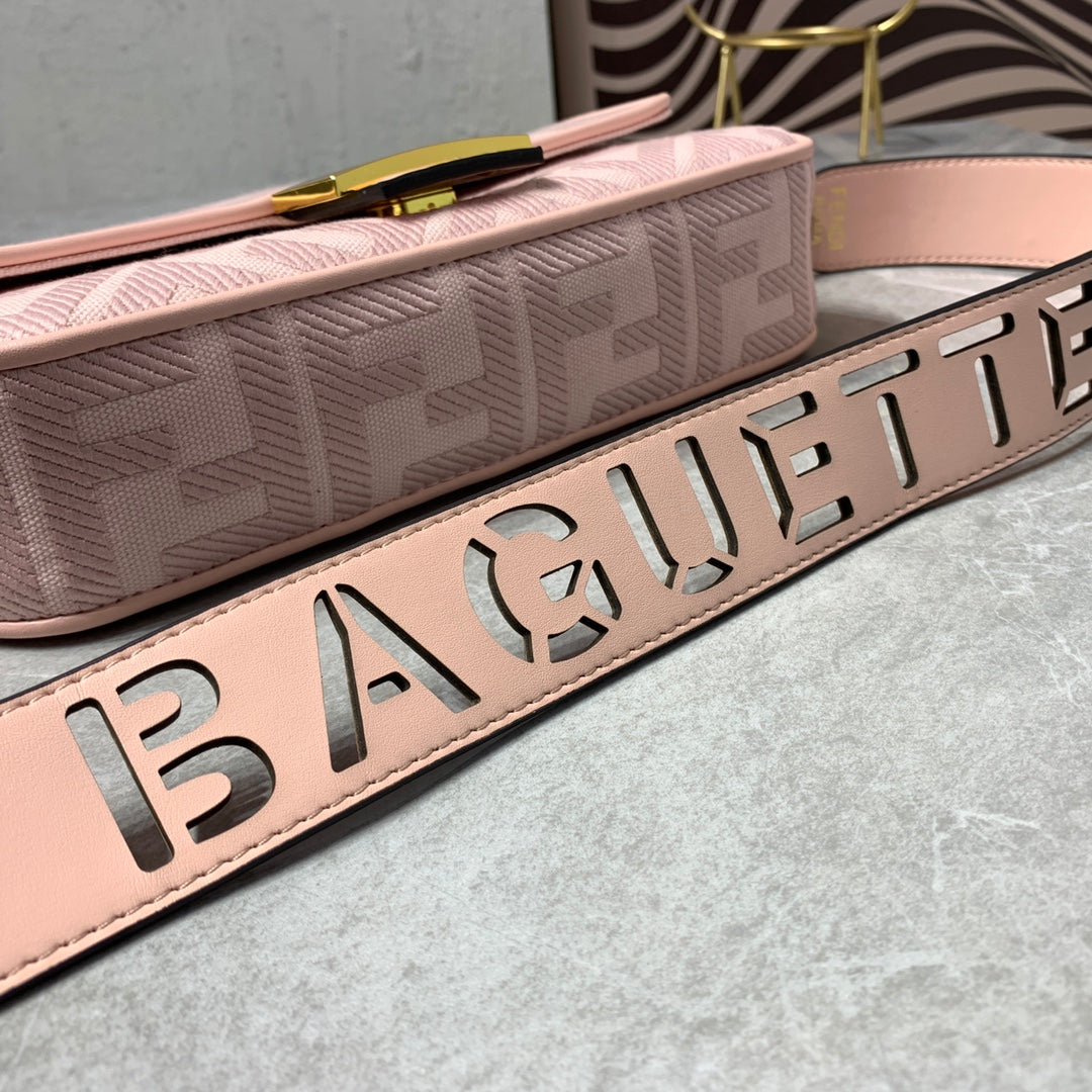Fendi Baguette Pink FF Monogram Handbag with Detachable Wide Logo Strap