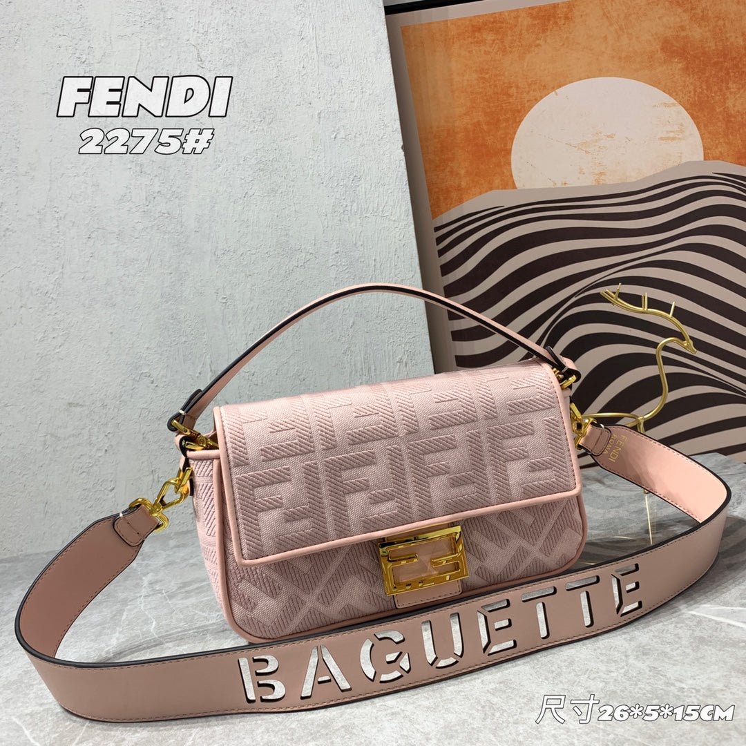 Fendi Baguette Pink FF Monogram Handbag with Detachable Wide Logo Strap