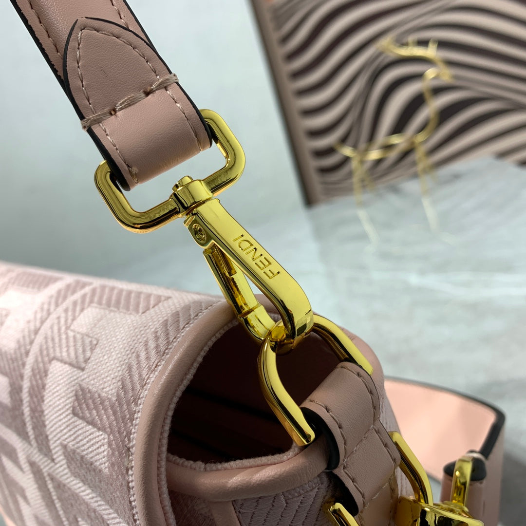 Fendi Baguette Pink FF Monogram Handbag with Detachable Wide Logo Strap