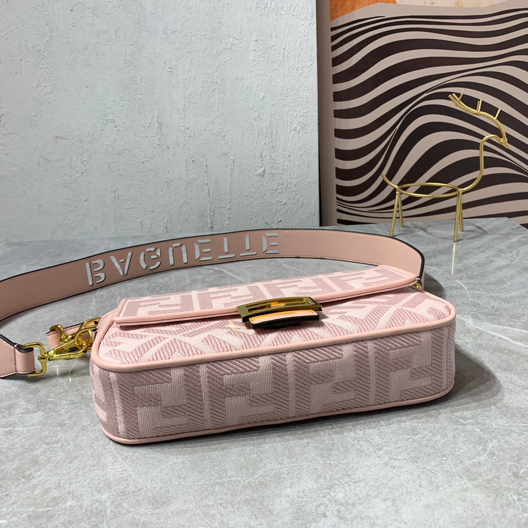 Fendi Baguette Pink FF Monogram Handbag with Detachable Wide Logo Strap