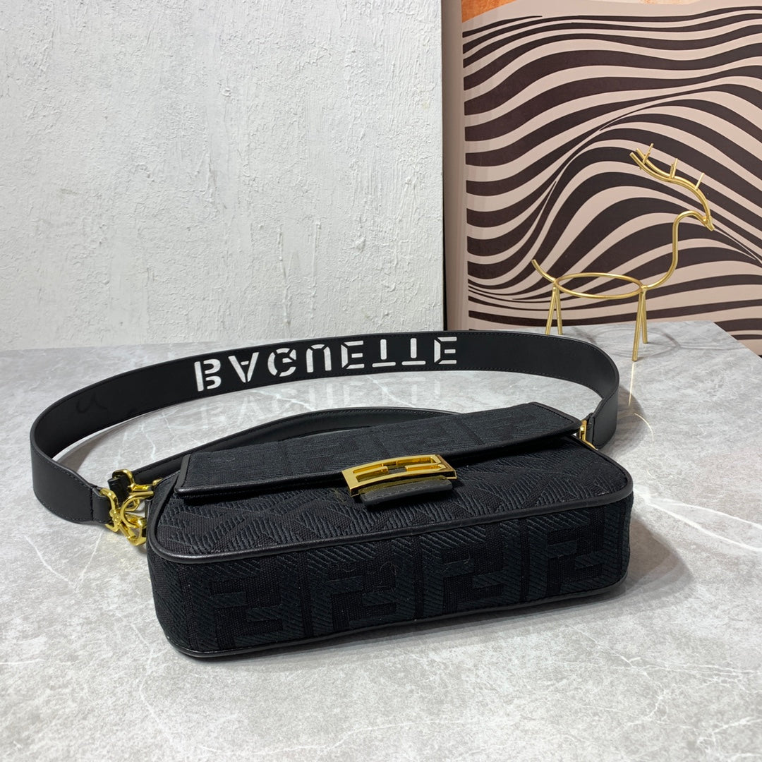 Fendi Baguette Black FF Monogram Fabric Shoulder Bag