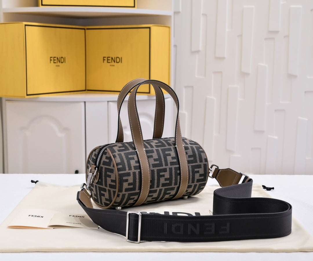 Fendi FF Monogram Mini Duffle Bag - Brown Canvas with Leather Trim