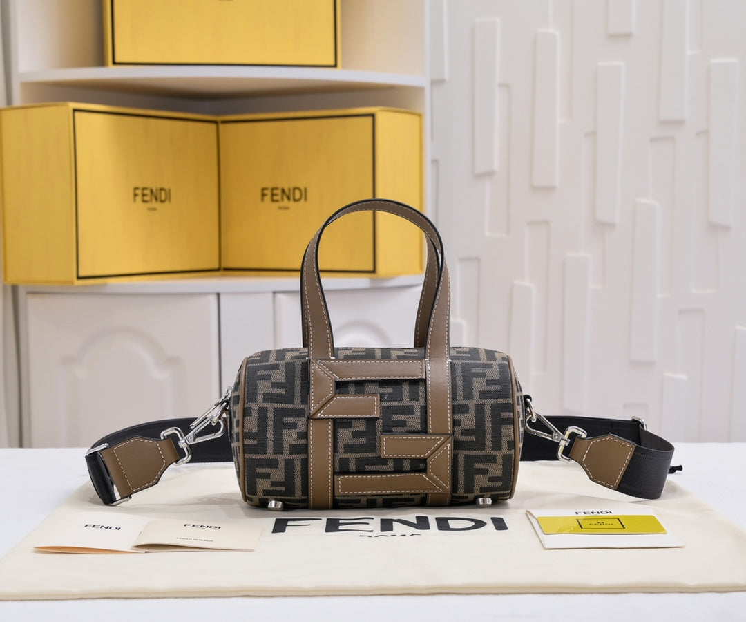 Fendi FF Monogram Mini Duffle Bag - Brown Canvas with Leather Trim