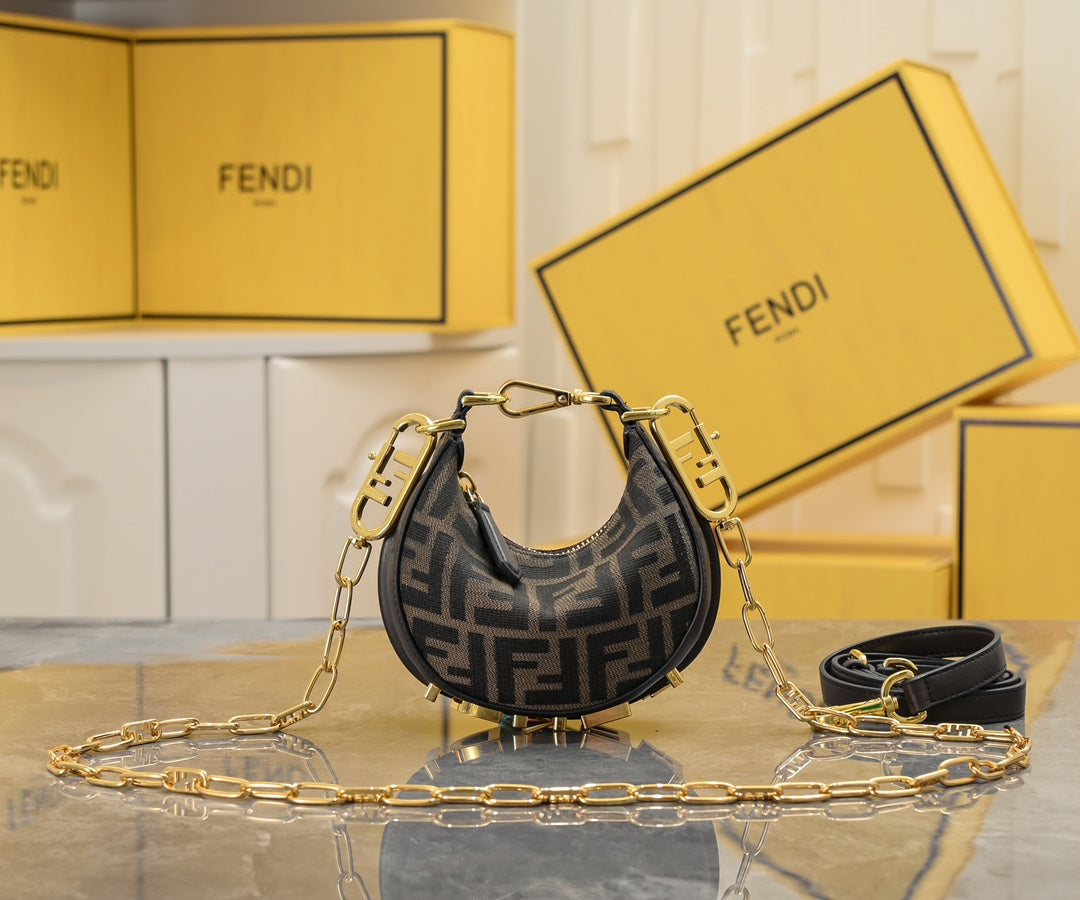 Fendi Mini Fendigraphy Hobo Bag - FF Logo Canvas with Gold Chain Strap