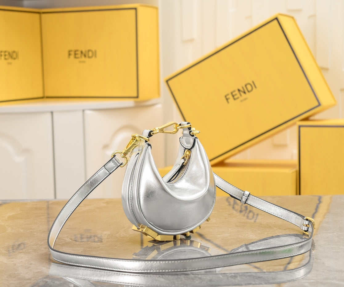 Fendi Fendigraphy Nano Silver Metallic Leather Hobo Bag with Gold Chain Strap