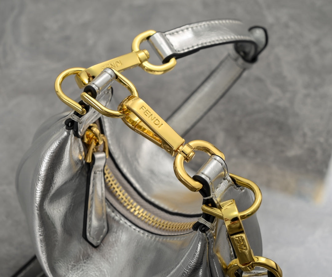 Fendi Fendigraphy Nano Silver Metallic Leather Hobo Bag with Gold Chain Strap
