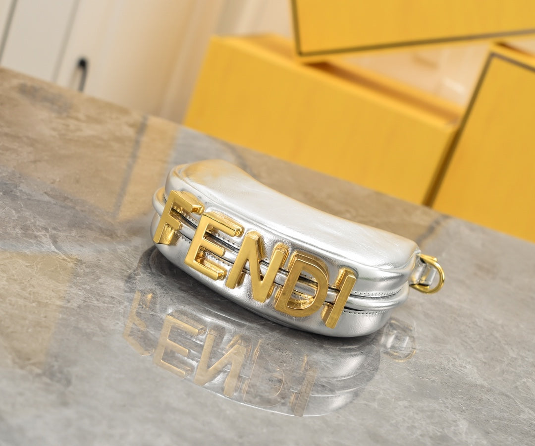 Fendi Fendigraphy Nano Silver Metallic Leather Hobo Bag with Gold Chain Strap