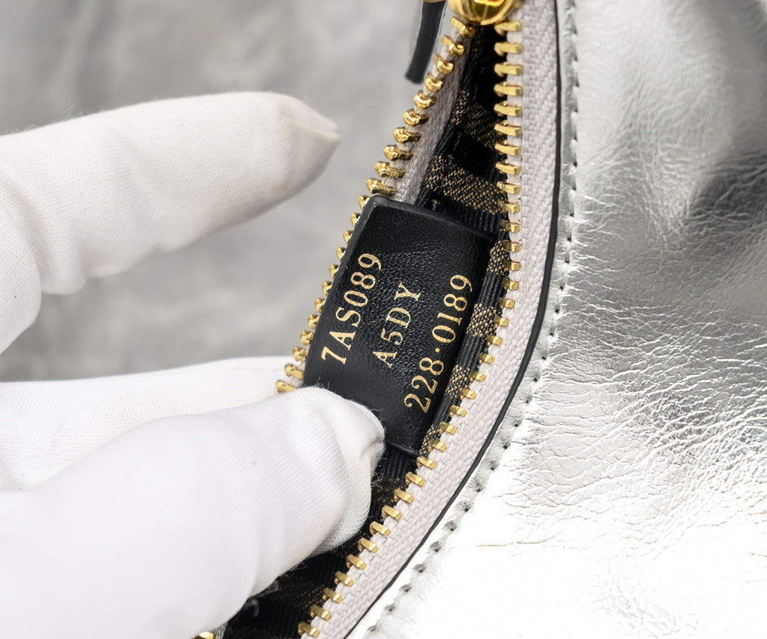 Fendi Fendigraphy Nano Silver Metallic Leather Hobo Bag with Gold Chain Strap