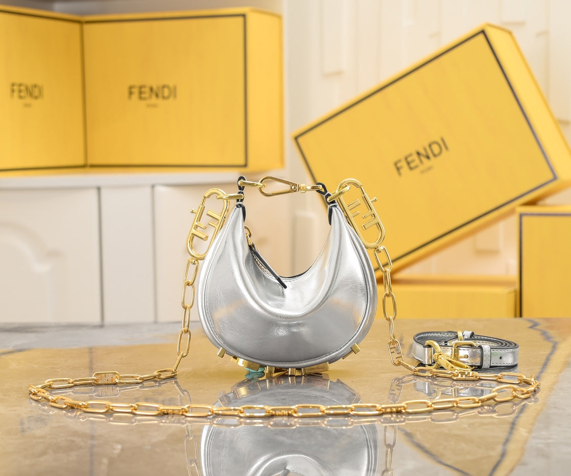 Fendi Fendigraphy Nano Silver Metallic Leather Hobo Bag with Gold Chain Strap
