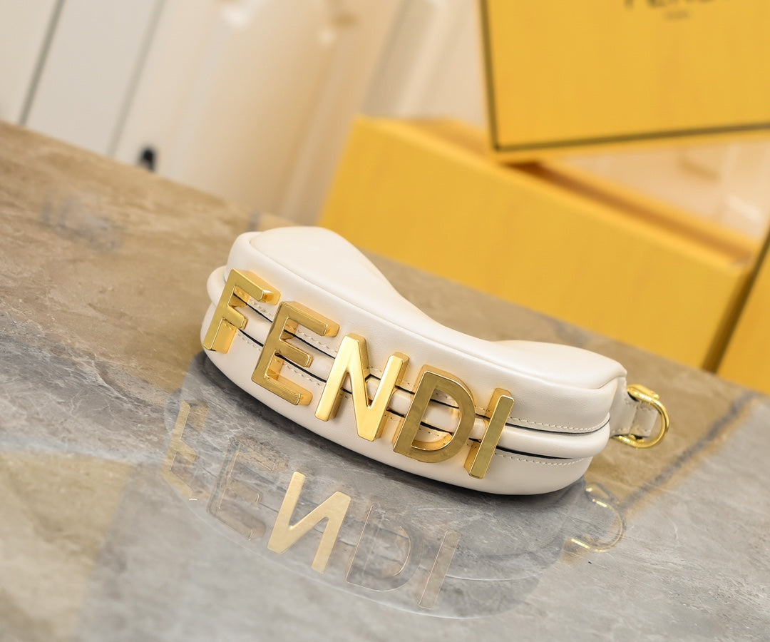 Fendi Nano Fendigraphy White Leather Hobo Bag with Gold Chain Strap