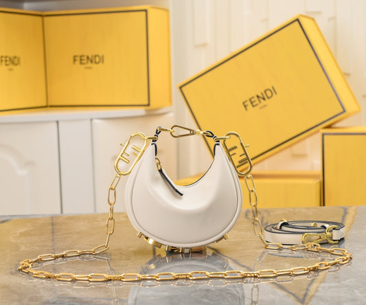 Fendi Nano Fendigraphy White Leather Hobo Bag with Gold Chain Strap