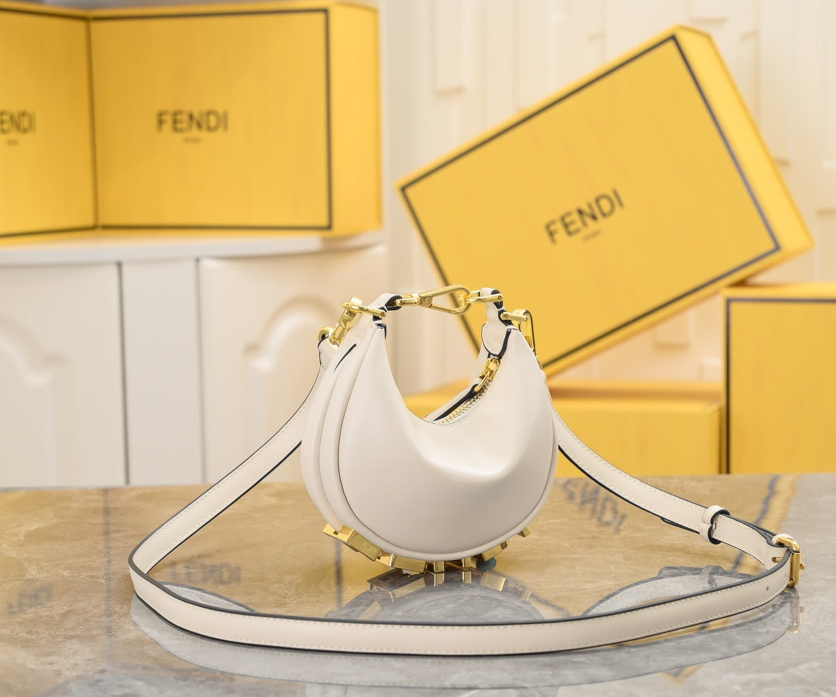 Fendi Nano Fendigraphy White Leather Hobo Bag with Gold Chain Strap