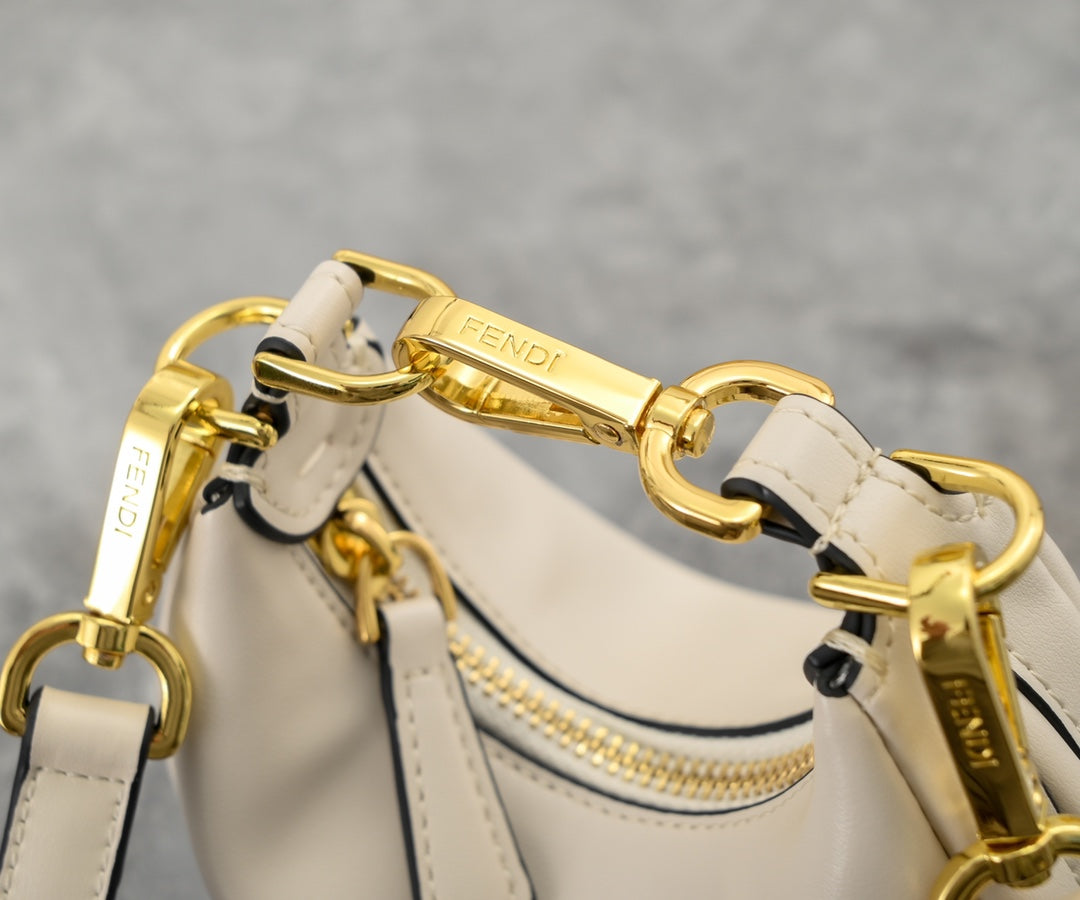Fendi Nano Fendigraphy White Leather Hobo Bag with Gold Chain Strap