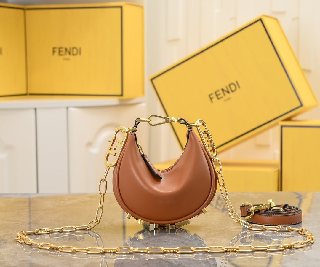 Fendi Graphy Small Hobo Bag in Brown Leather with Gold Chain