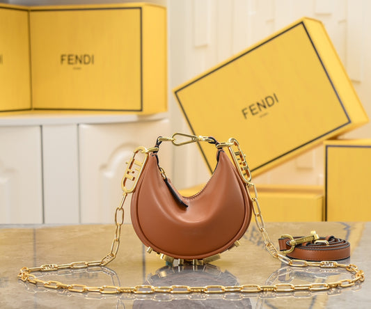 Fendi Graphy Small Hobo Bag in Brown Leather with Gold Chain