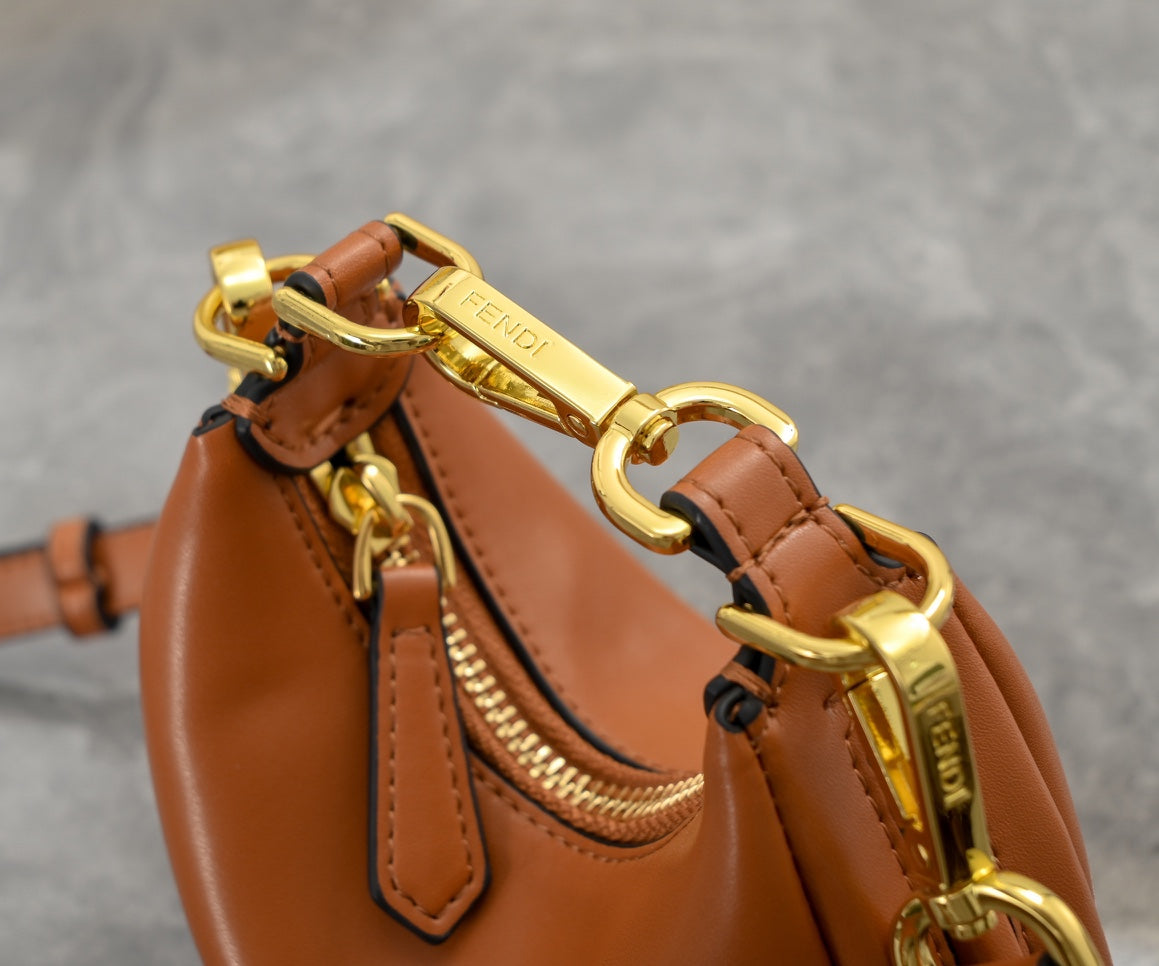 Fendi Graphy Small Hobo Bag in Brown Leather with Gold Chain