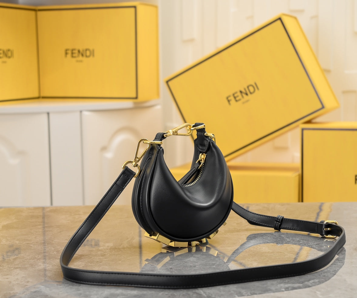 Fendi Fendigraphy Mini Black Leather Crescent Bag with Gold Hardware