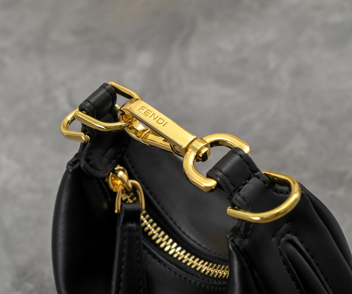 Fendi Fendigraphy Mini Black Leather Crescent Bag with Gold Hardware
