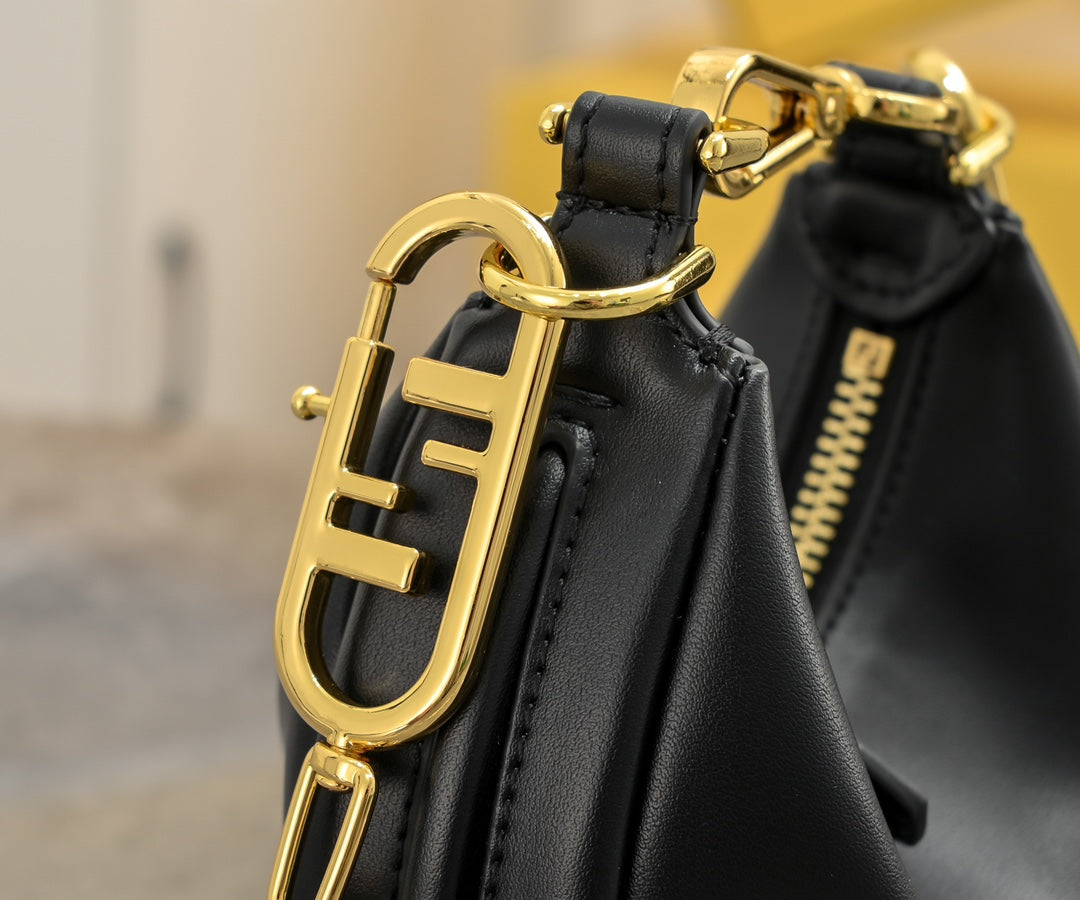 Fendi Fendigraphy Mini Black Leather Crescent Bag with Gold Hardware