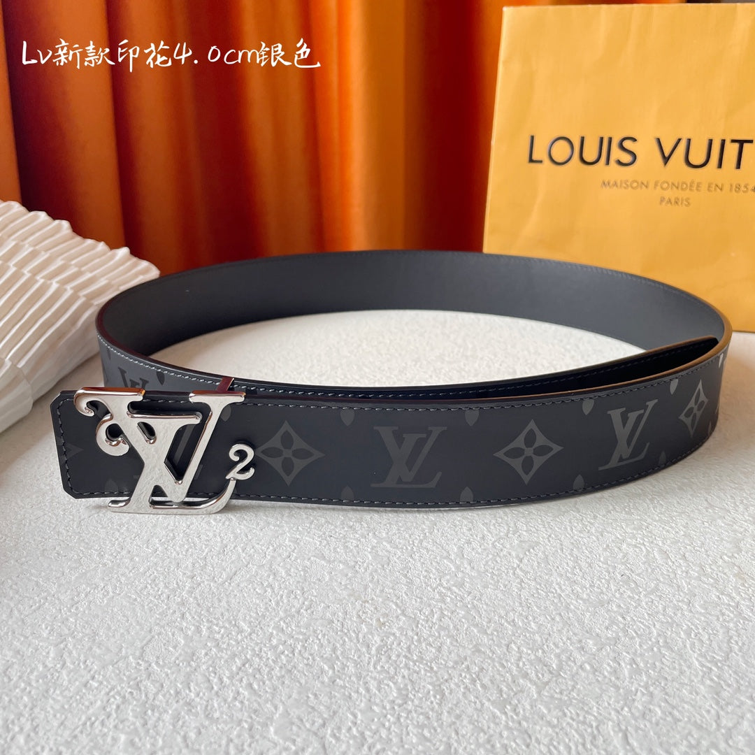 Louis Vuitton LV Monogram Eclipse 40mm Belt with Silver-Tone Initial Buckle, Black/Grey