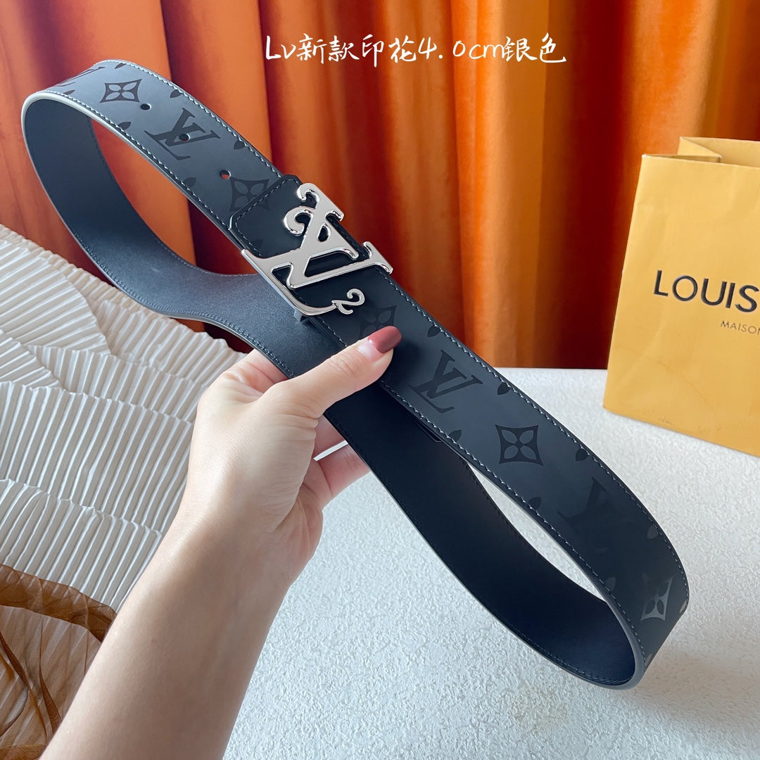 Louis Vuitton LV Monogram Eclipse 40mm Belt with Silver-Tone Initial Buckle, Black/Grey