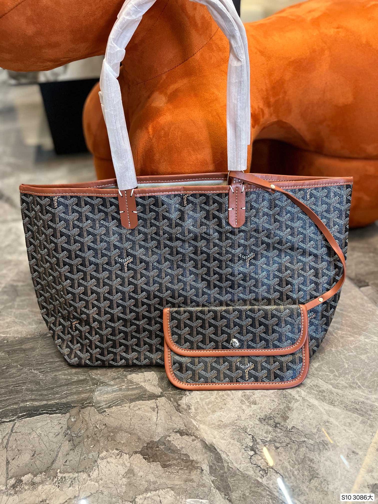 Gogy Classic Chevron Print Tote Bag with Matching Pouch and Leather Trim