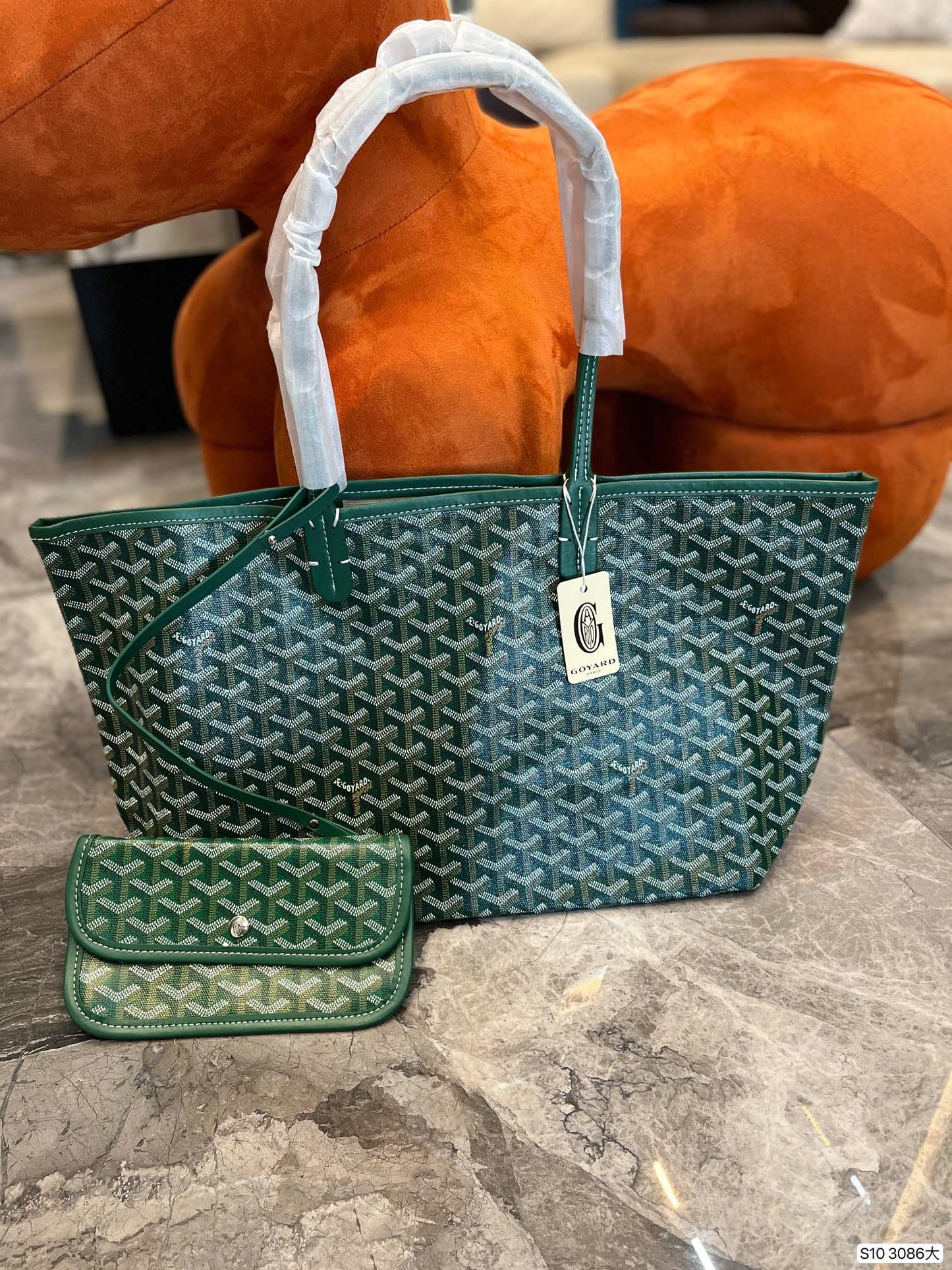 Gogy Classic Chevron Print Tote Bag with Matching Pouch and Leather Trim