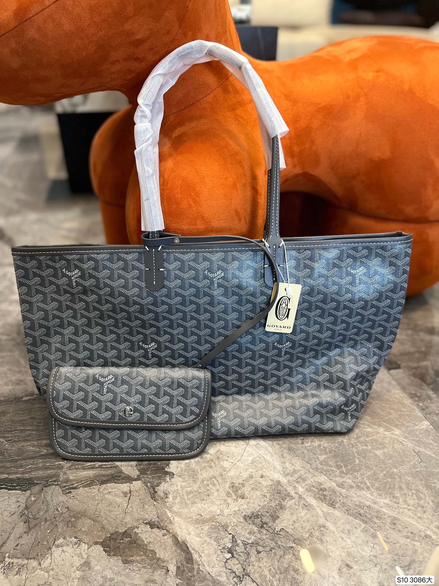 Gogy Classic Chevron Print Tote Bag with Matching Pouch and Leather Trim