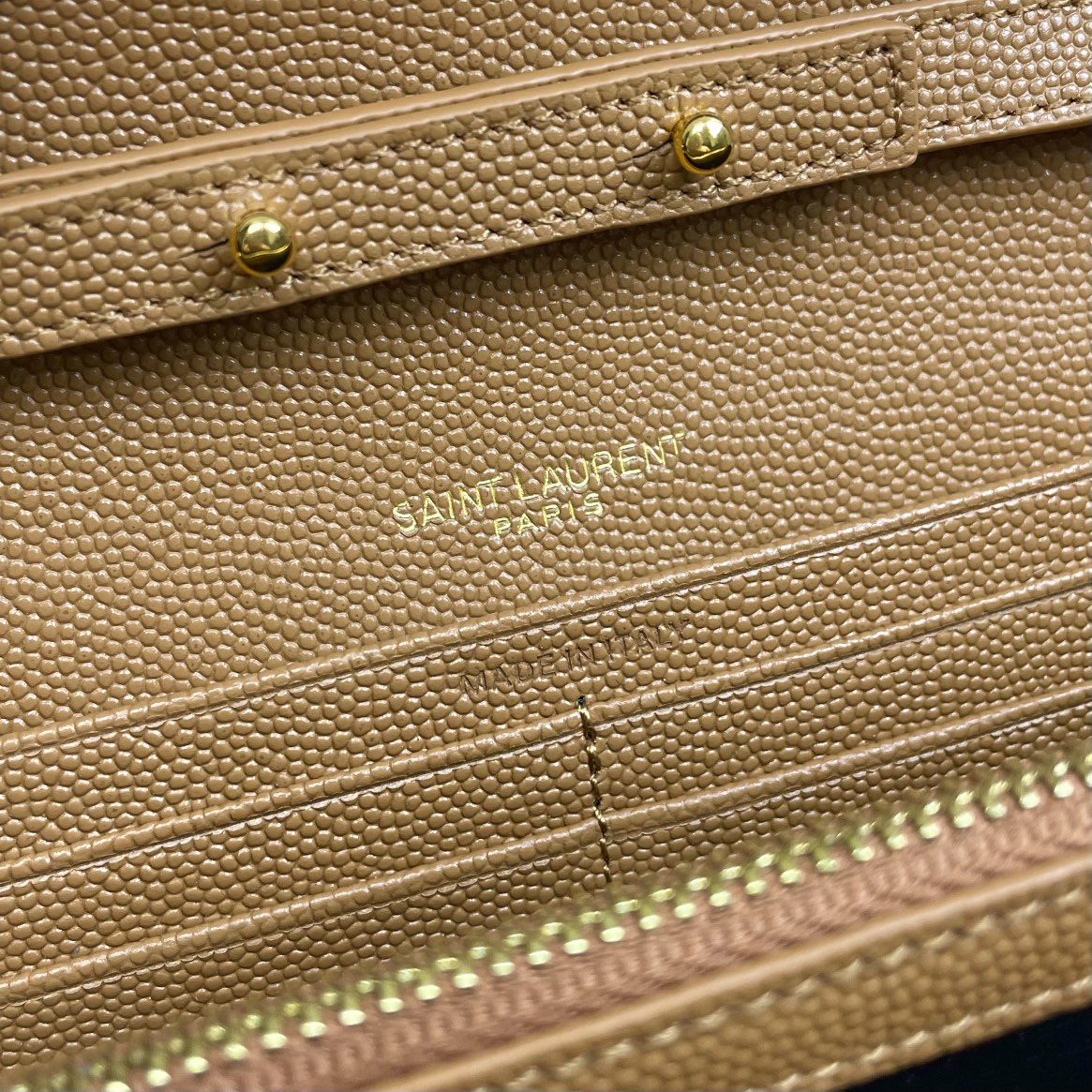 Saint Laurent Cassandre Envelope Chain Wallet in Tan Quilted Grain de Poudre Leather