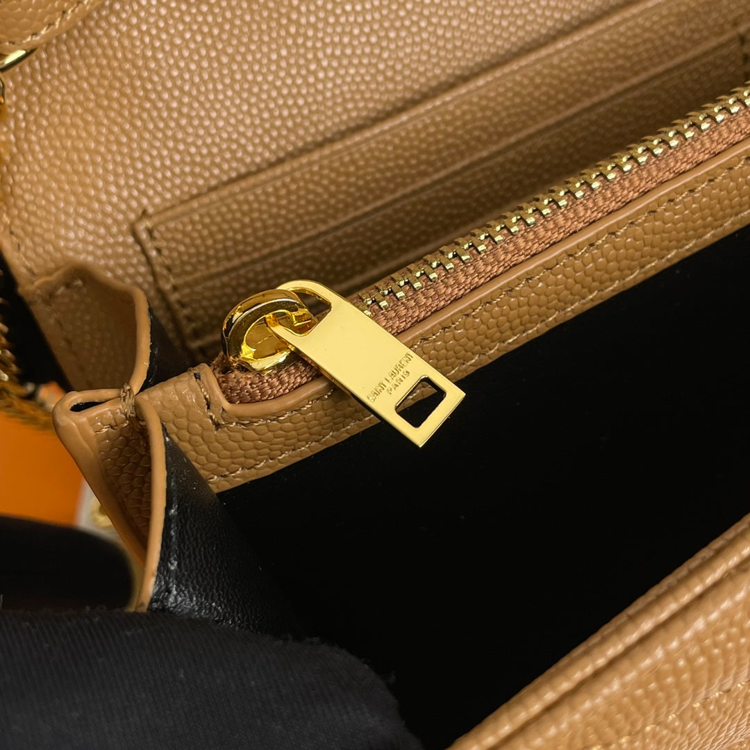 Saint Laurent Cassandre Envelope Chain Wallet in Tan Quilted Grain de Poudre Leather