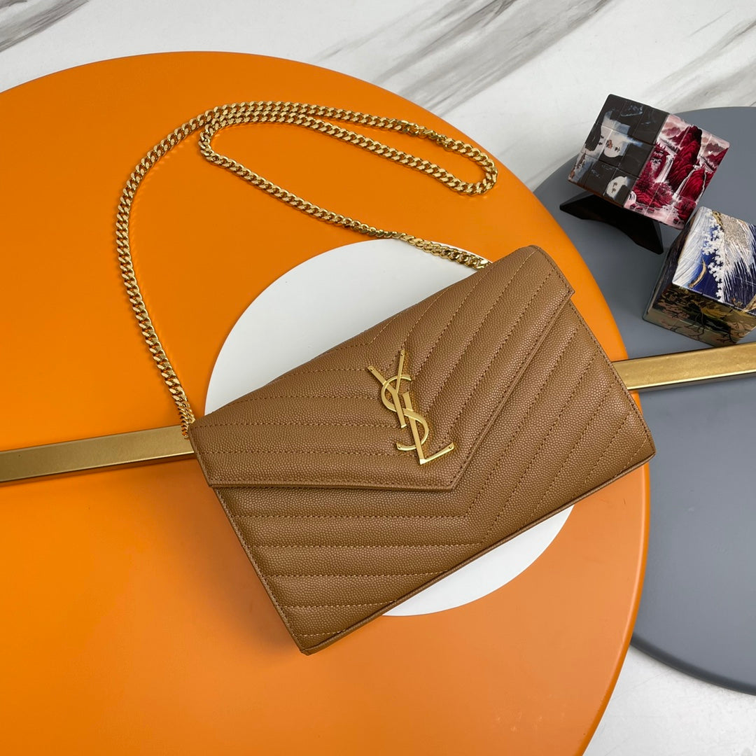 Saint Laurent Cassandre Envelope Chain Wallet in Tan Quilted Grain de Poudre Leather