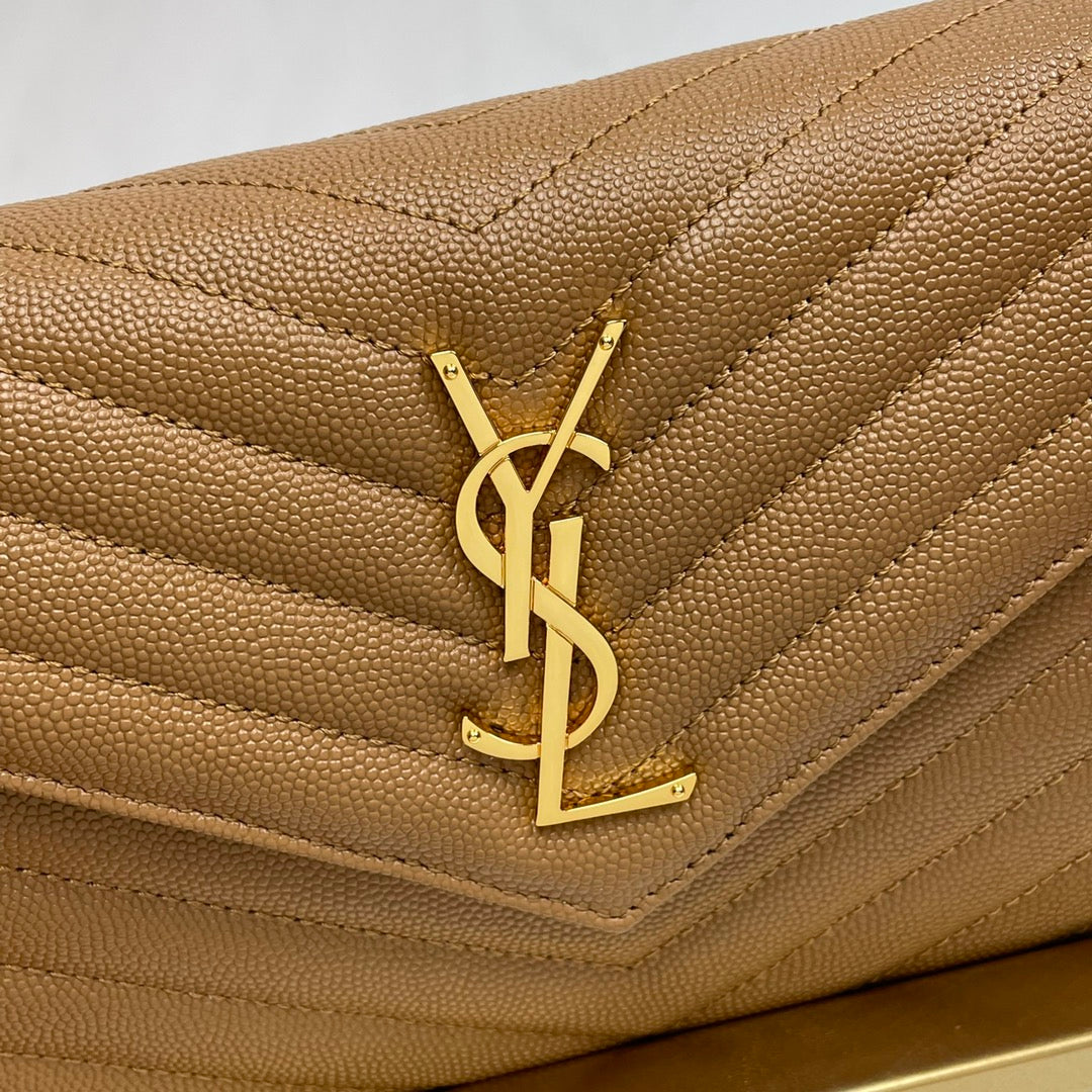 Saint Laurent Cassandre Envelope Chain Wallet in Tan Quilted Grain de Poudre Leather