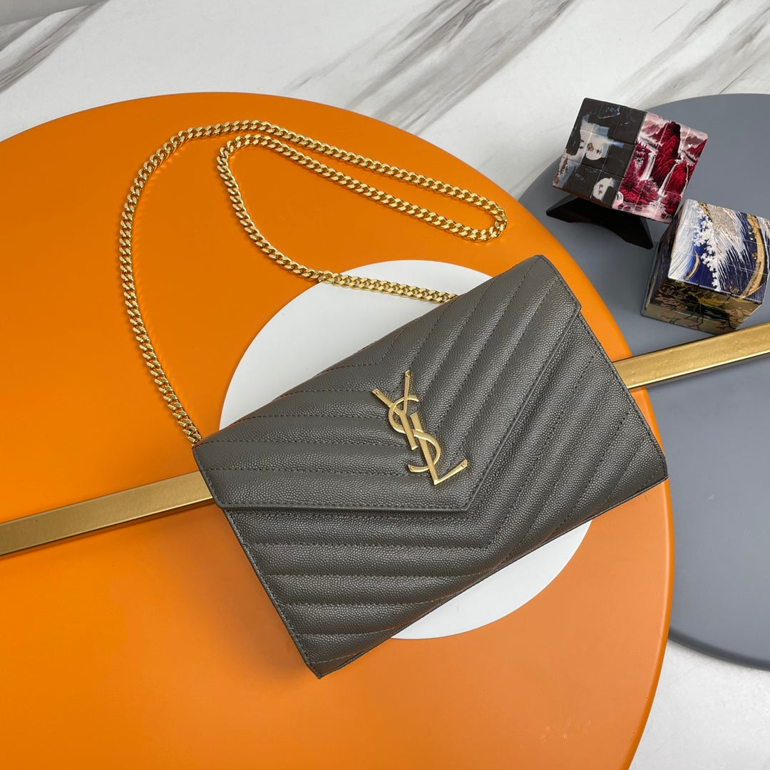 Saint Laurent Monogram Envelope Chain Wallet - Grey Leather