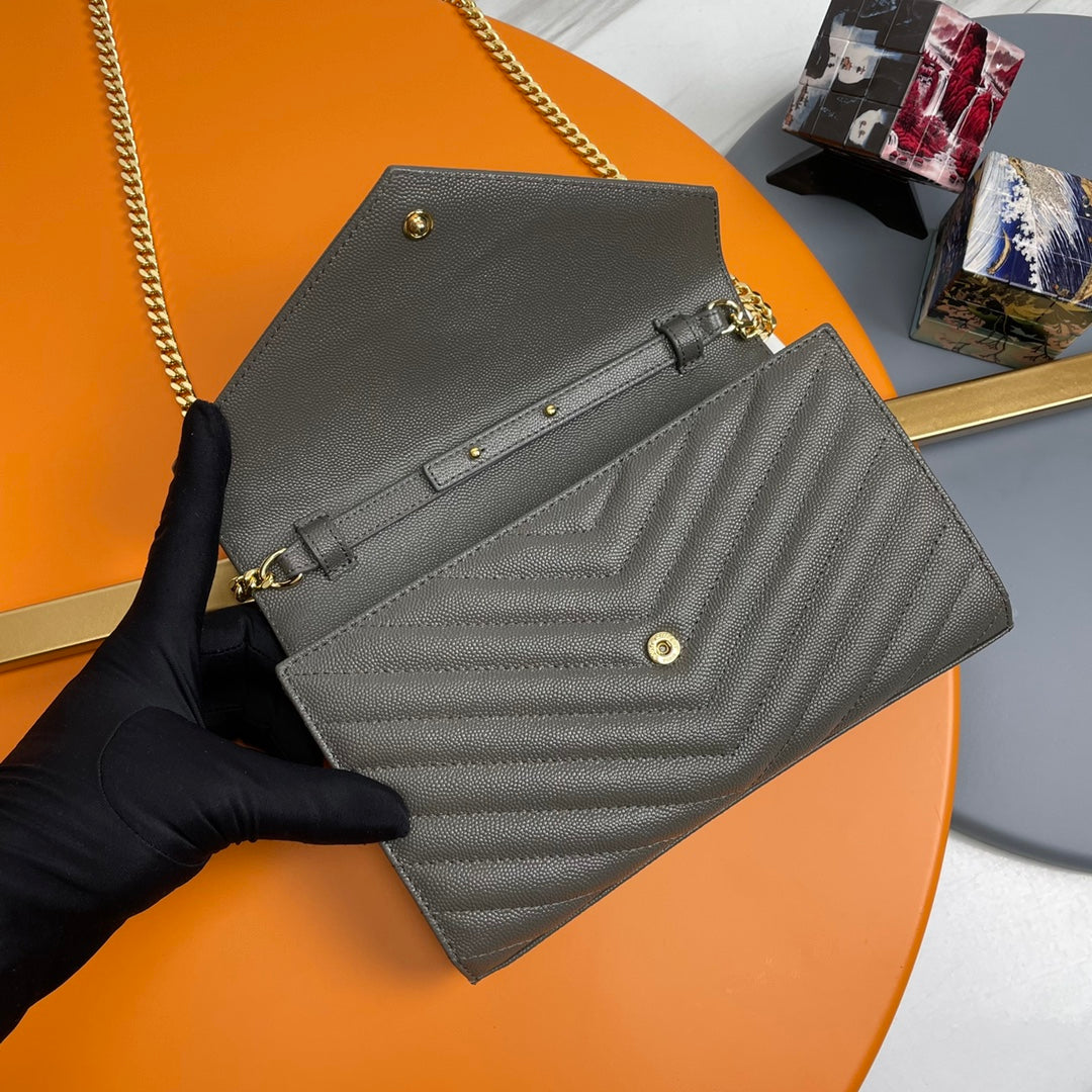 Saint Laurent Monogram Envelope Chain Wallet - Grey Leather