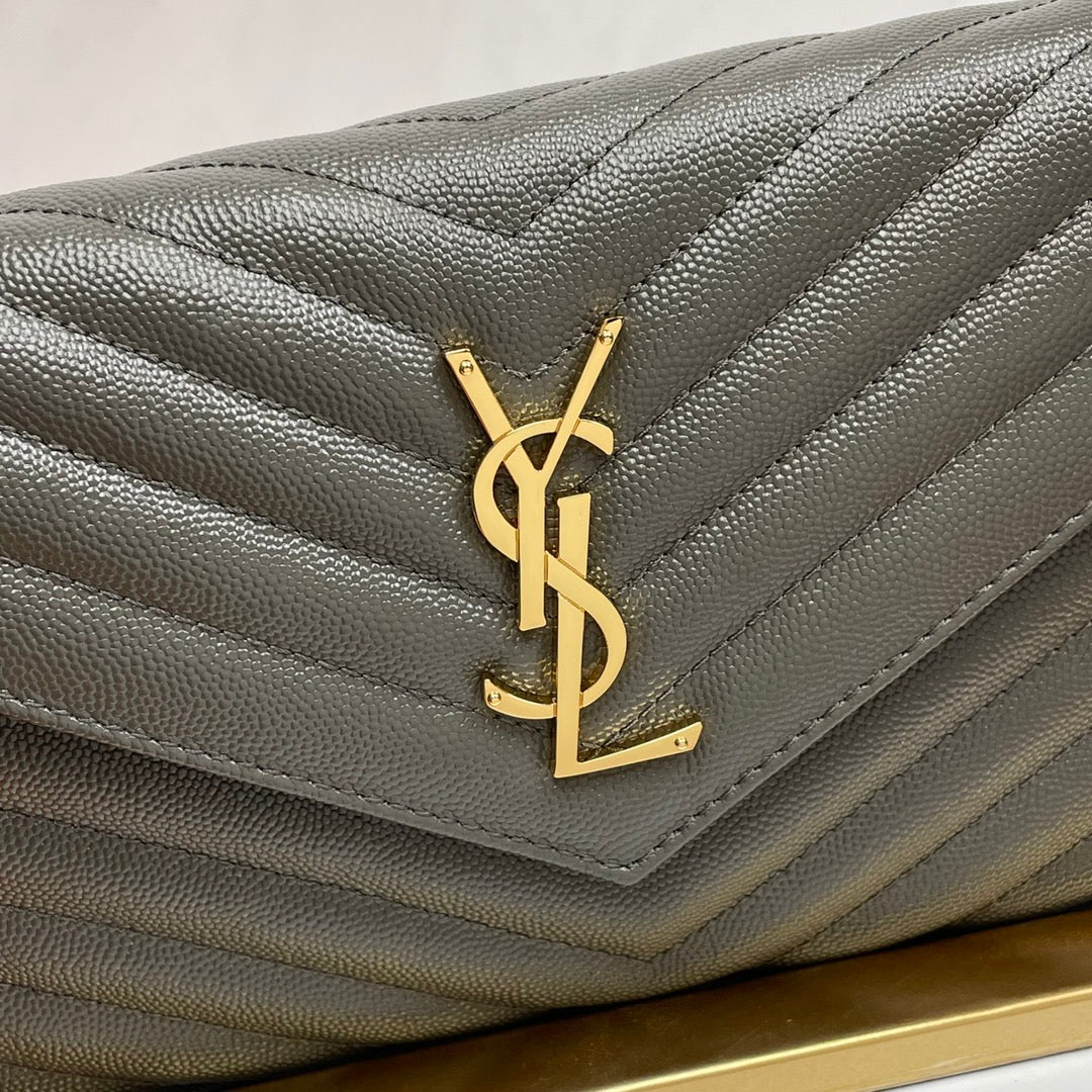 Saint Laurent Monogram Envelope Chain Wallet - Grey Leather