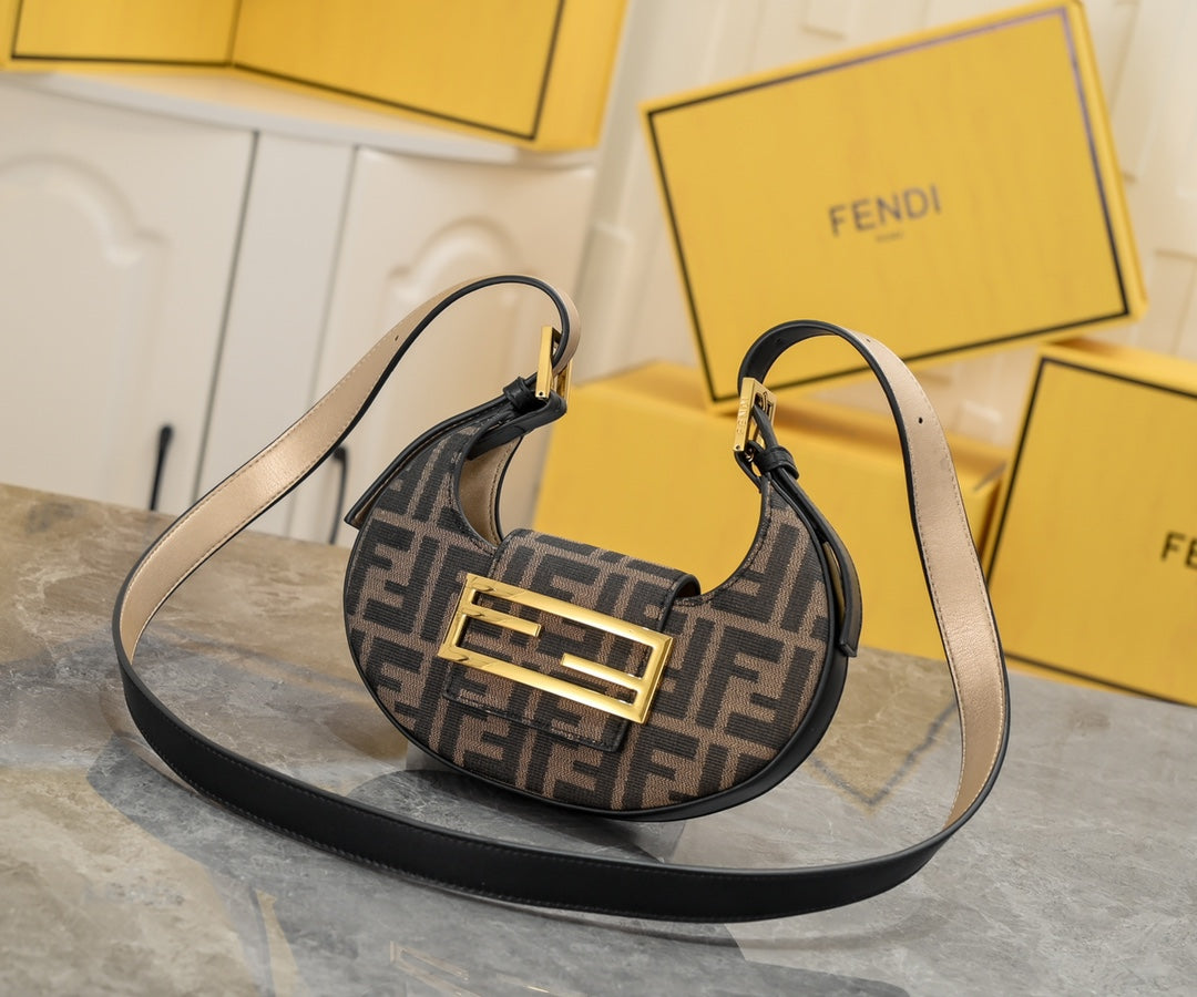 Fendi FF Monogram Canvas Crescent Shoulder Bag with Gold-Tone Hardware