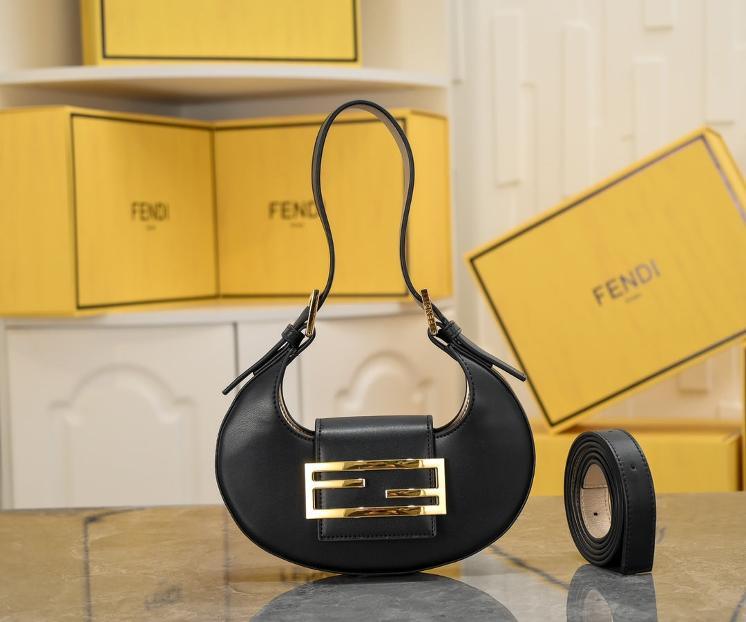 Fendi Small Black Leather Crescent Shoulder Bag with Gold FF Buckle