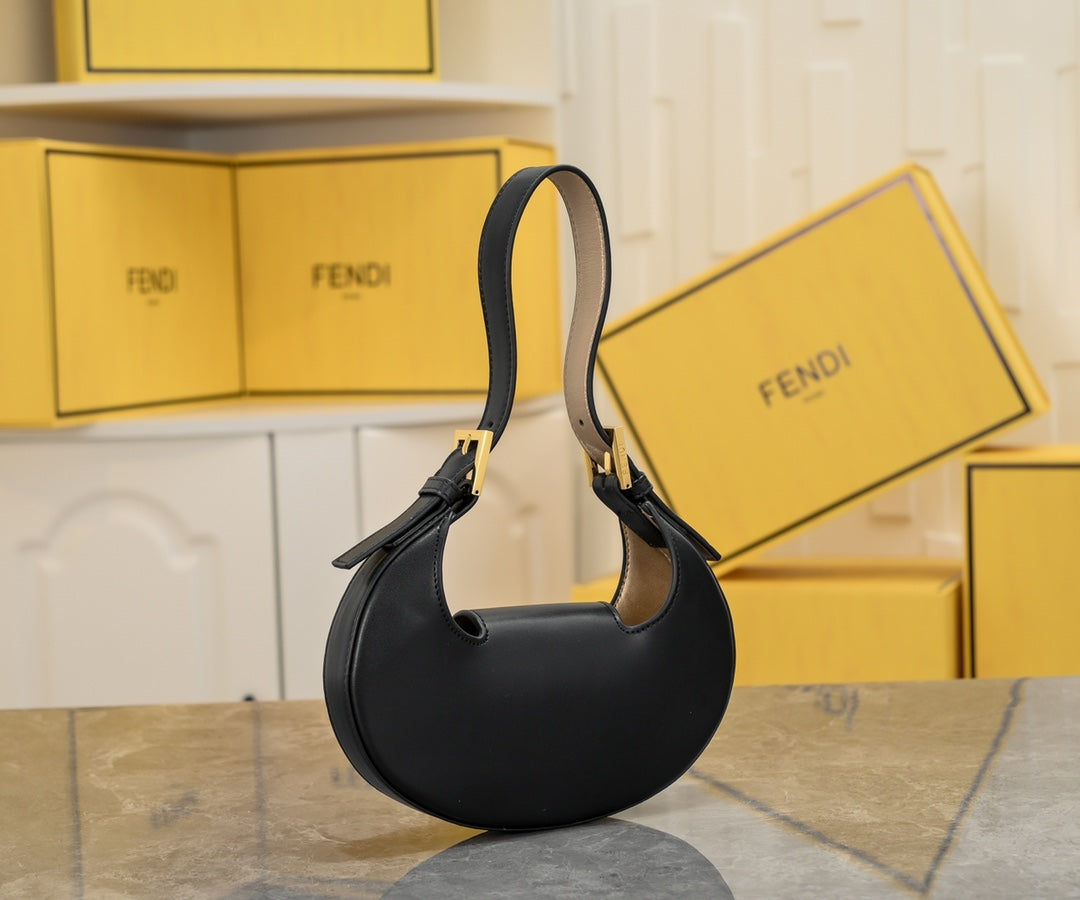 Fendi Small Black Leather Crescent Shoulder Bag with Gold FF Buckle