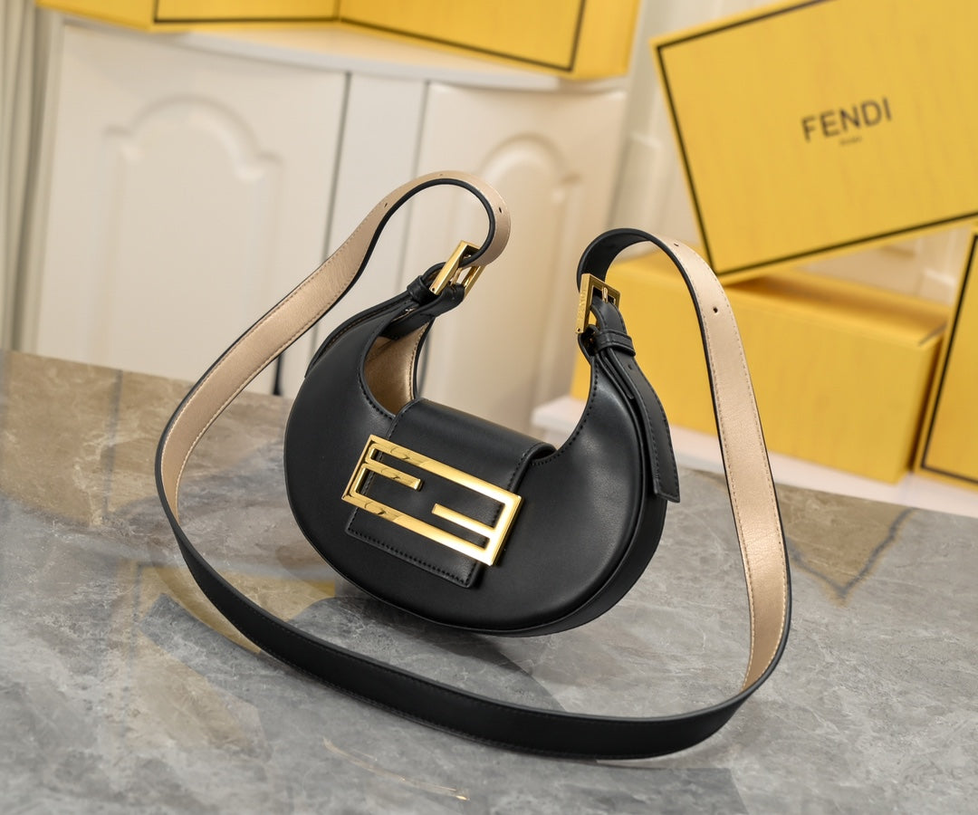 Fendi Small Black Leather Crescent Shoulder Bag with Gold FF Buckle
