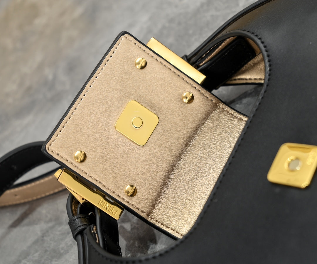 Fendi Small Black Leather Crescent Shoulder Bag with Gold FF Buckle