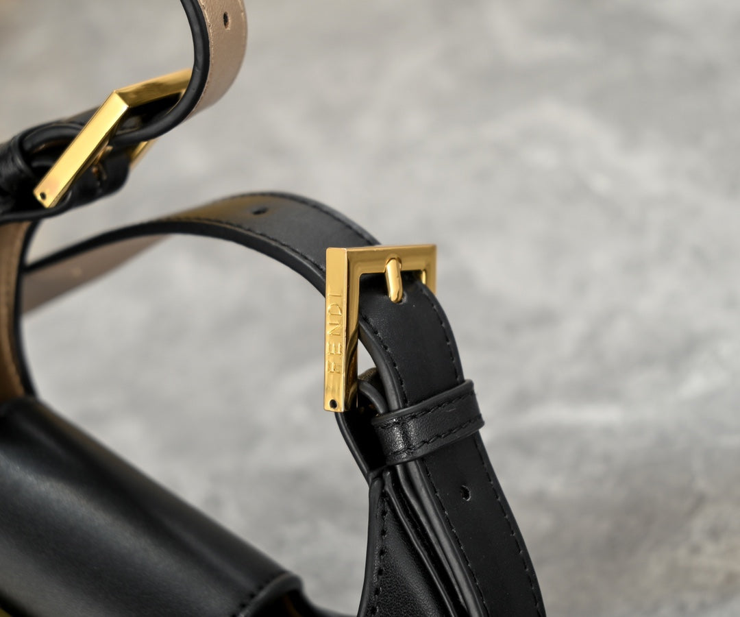 Fendi Small Black Leather Crescent Shoulder Bag with Gold FF Buckle
