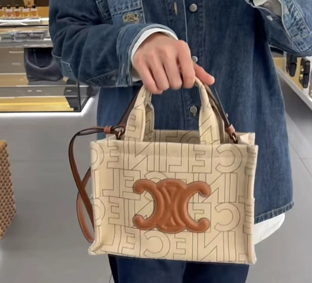 Celine Mini Cabas Triomphe in Textile and Calfskin - Beige/Tan