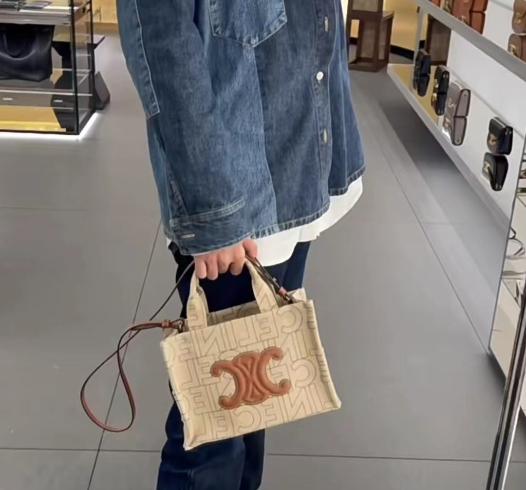 Celine Mini Cabas Triomphe in Textile and Calfskin - Beige/Tan