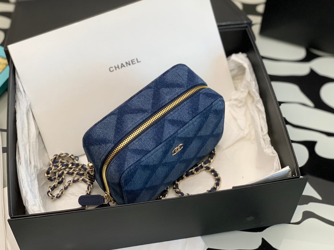 Chanel Blue Quilted Denim Mini Camera Case Bag with Silver-Tone Hardware