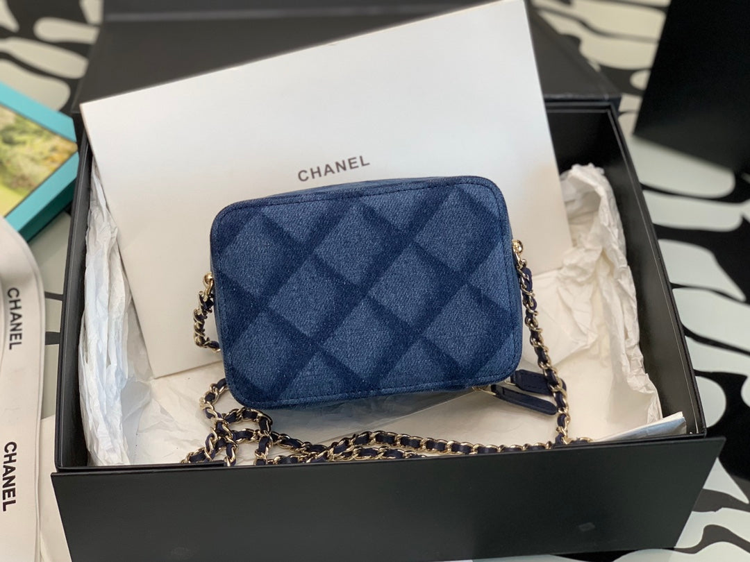 Chanel Blue Quilted Denim Mini Camera Case Bag with Silver-Tone Hardware