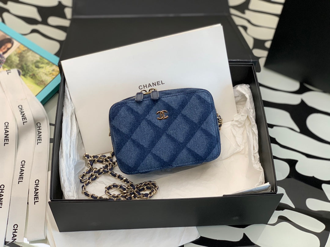 Chanel Blue Quilted Denim Mini Camera Case Bag with Silver-Tone Hardware