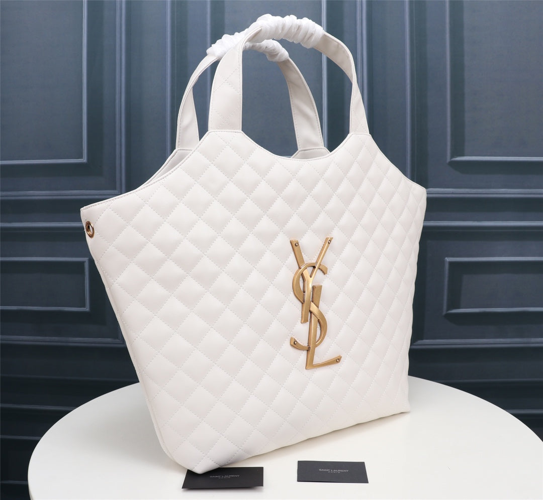 Saint Laurent Icare Maxi Shopping Bag - White Quilted Leather Tote with Gold YSL Logo